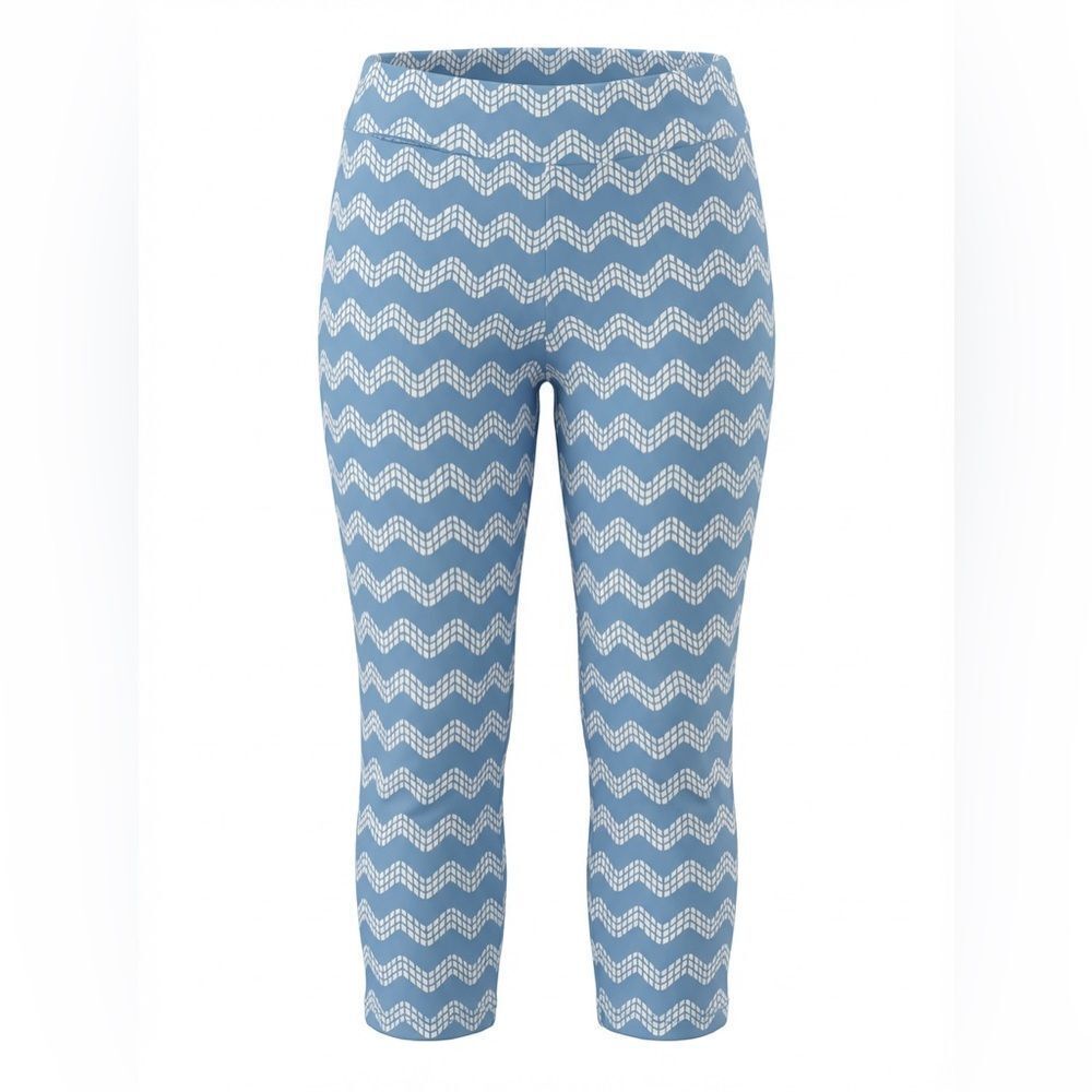 J MCLAUGHLIN WOMENS STRETCH PANTS SIZE M LIGHT BLUE WITH WHITE DESIGN